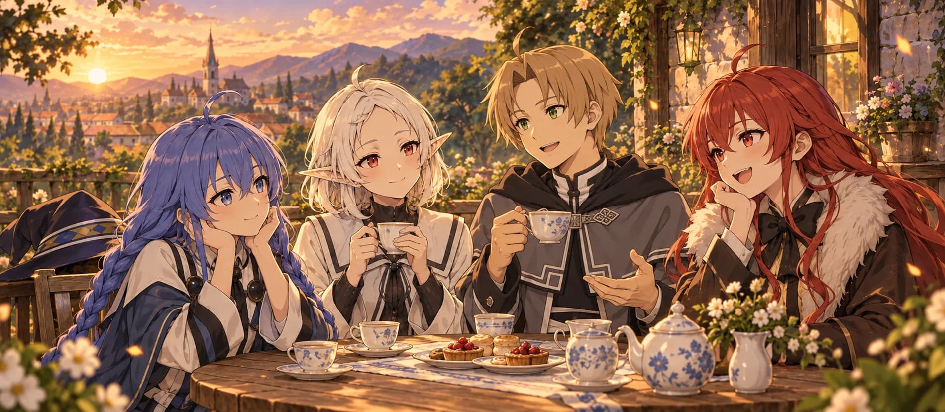 Fan art of Roxy, Sylphiette, Rudeus, and Eris sharing tea in a cottage garden at sunset.